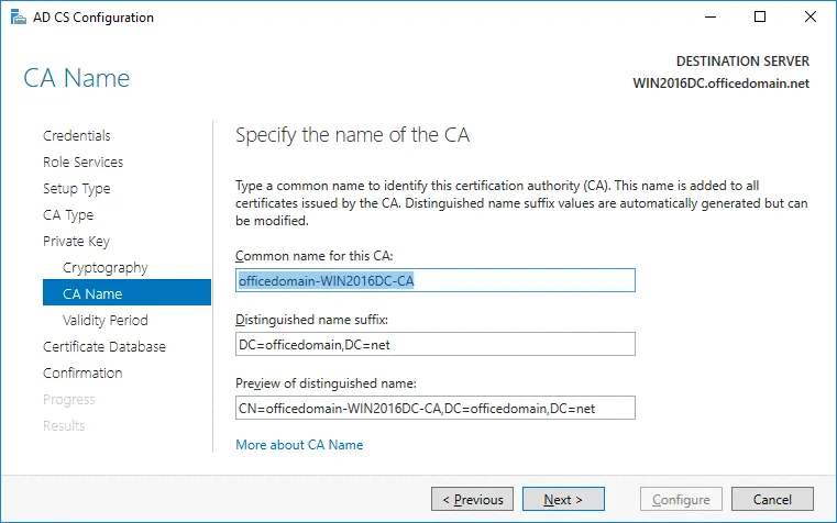 ADCS configuration – CA name
