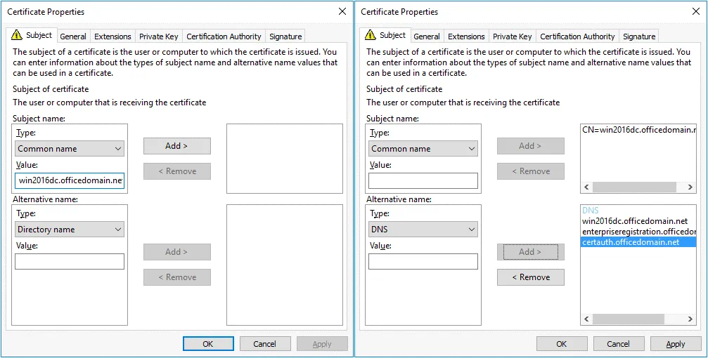 ADFS 2016 certificate properties