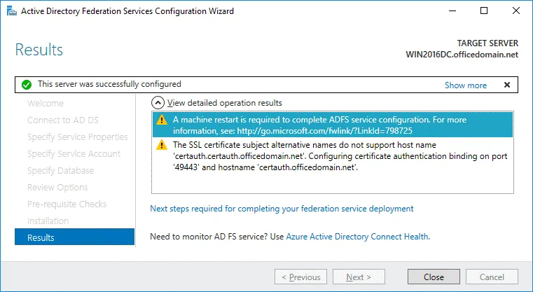 ADFS configuration results
