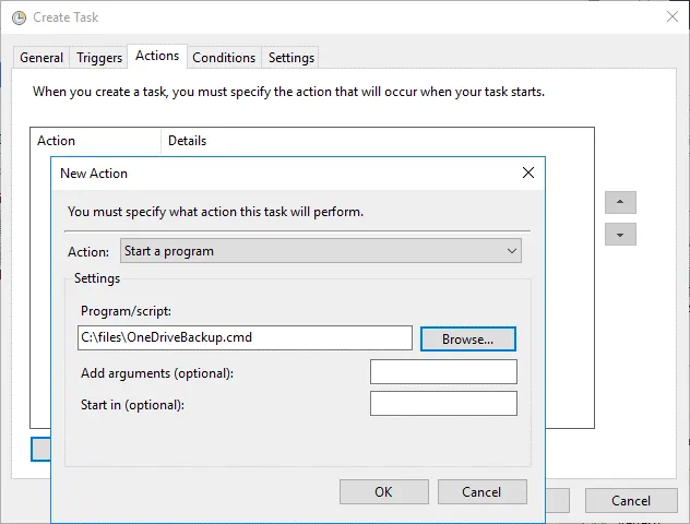 Adding the created CMD script as an action in the scheduler