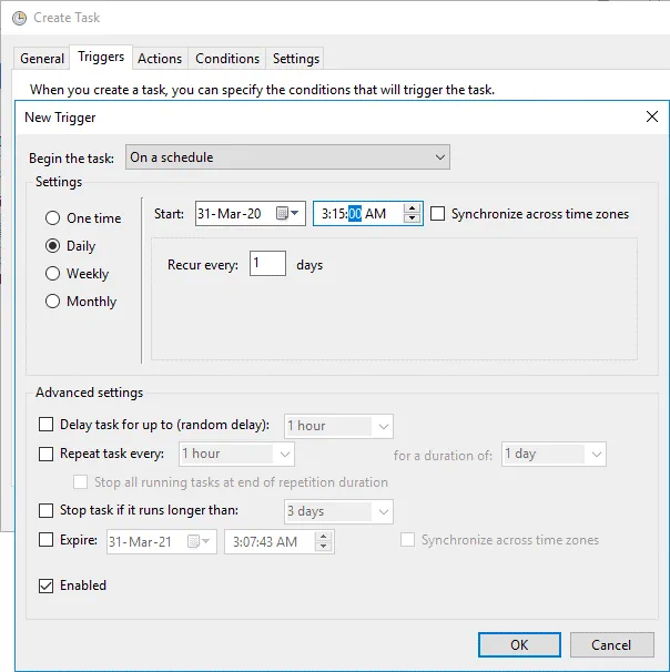 Backup to OneDrive Windows - triggers configuration for a scheduled task
