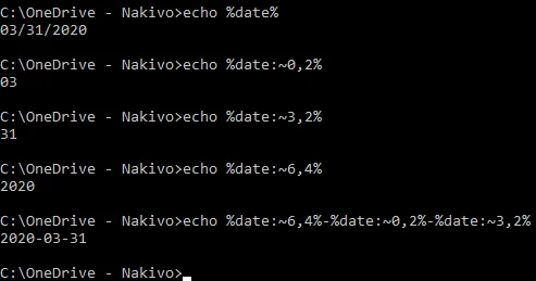 Checking the commands and date output in the Windows command line