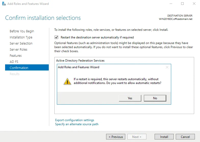 Confirmation of ADFS installation and server restart