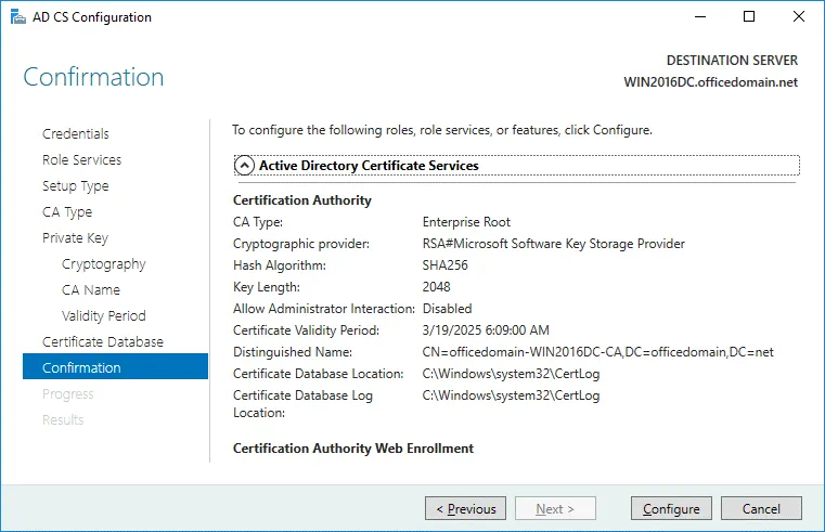Confirmation of Active Directory Certificate Services configuration