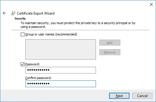 Define a password for a certificate that will be used for Office 365 ADFS setup