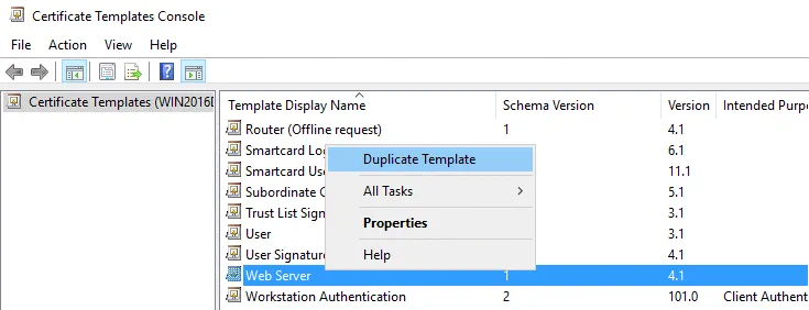 Duplicating a template for creating a certificate for Office 365 ADFS setup