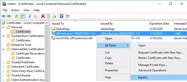 How to export a created certificate for configuring ADFS for Office 365