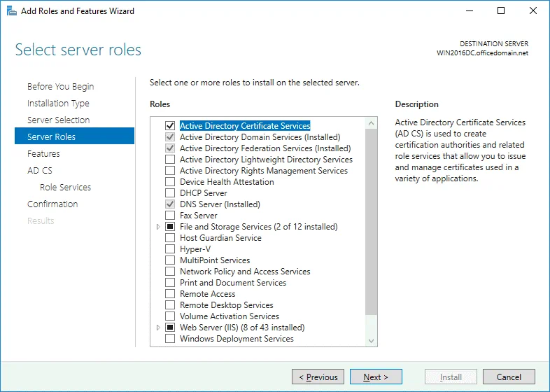 Installing Active Directory Certificate Services to create a certificate for Office 365 ADFS setup