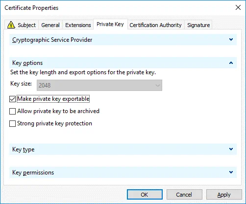 Making the private key exportable for Office 365 ADFS