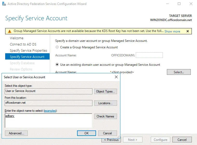 Office 365 ADFS setup – selecting a user with administrative permissions