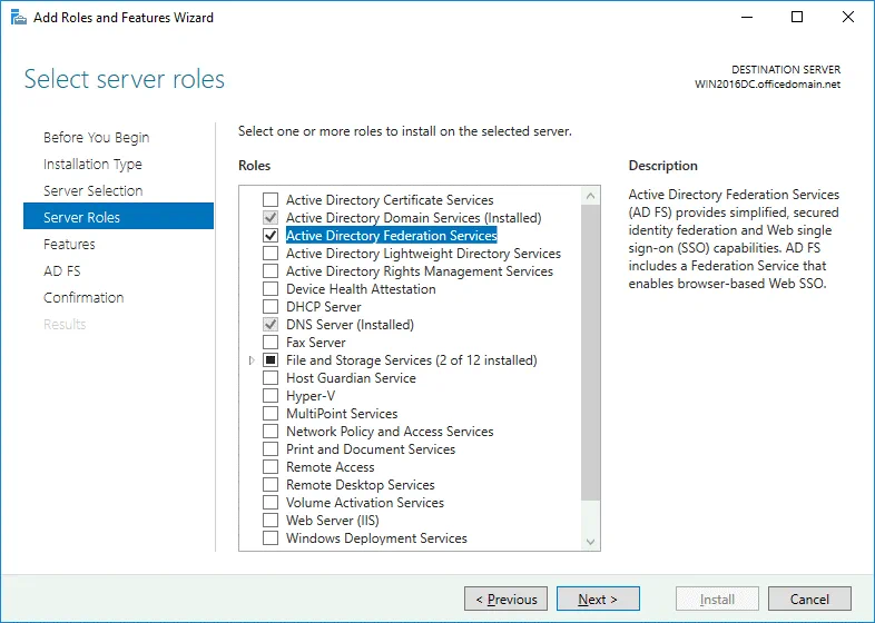 Office 365 ADFS setup – selecting the ADFS role