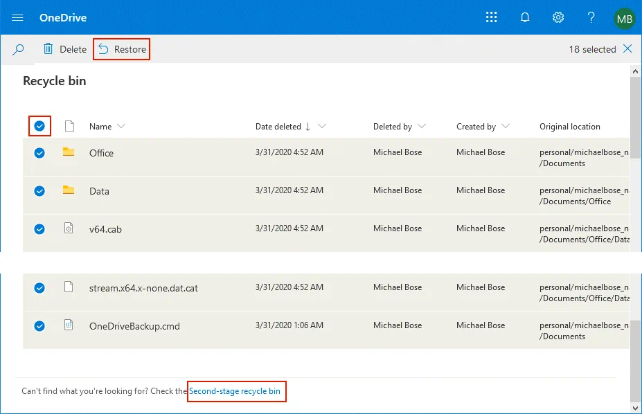 OneDrive recovery – restoring files from a Recycle bin in the web interface
