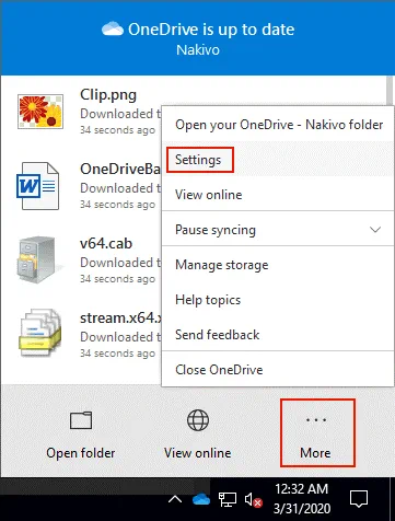 Opening settings of OneDrive sync app