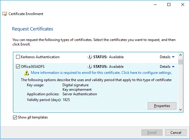 Requesting ADFS Office 365 certificate