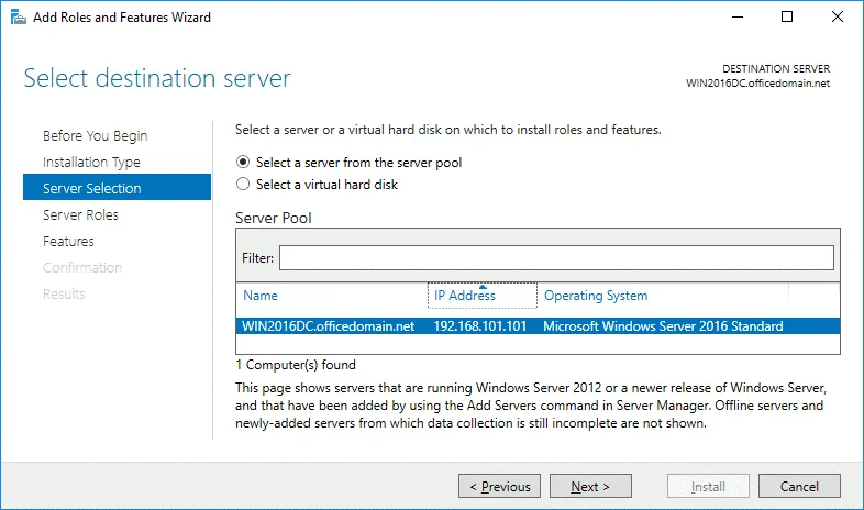 Selecting a server to install ADFS 2016