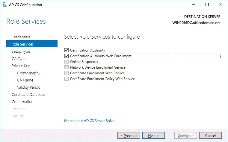 Selecting role services needed to configure AD CS