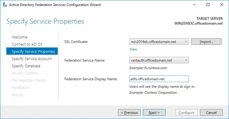 Selecting the certificate in service properties for configuring ADFS for Office 365