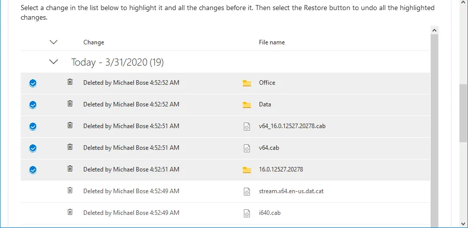 Selecting the needed files in the web interface for OneDrive recovery