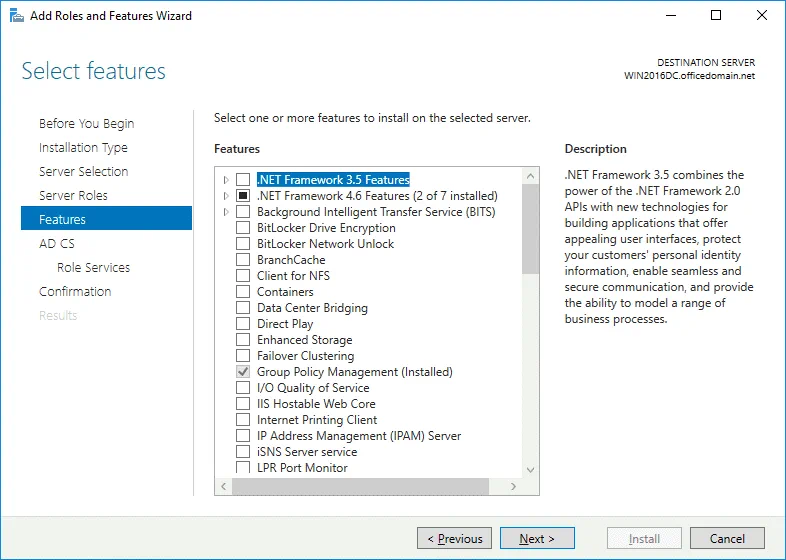 The required features are selected automatically