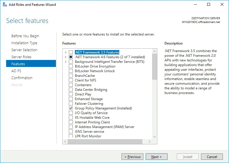 The required features are selected