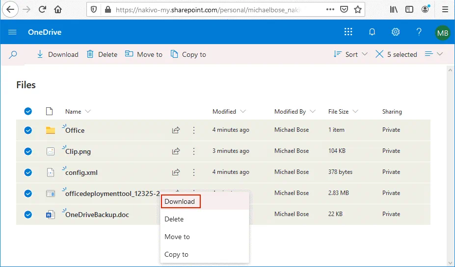 You can download files from the OneDrive web interface to create a OneDrive backup
