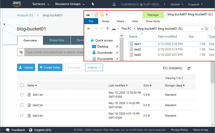 Accessing files stored in the S3 bucket from Windows Explorer and a web browser