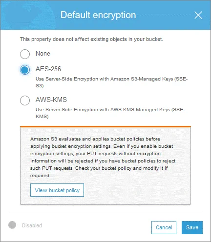 Changing default S3 bucket encryption settings
