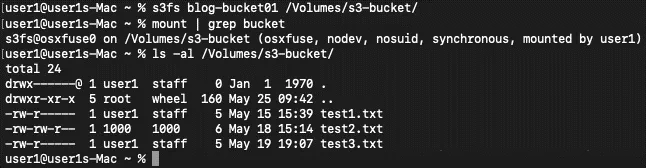 The S3 bucket is mounted successfully in macOS