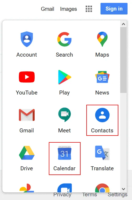 Selecting-Calendar-in-the-Google-web-apps-menu