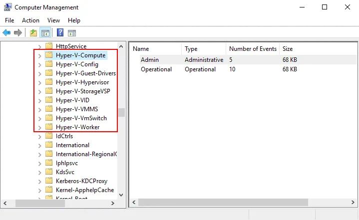 Hyper-V monitoring – viewing logs in Event-Viewer