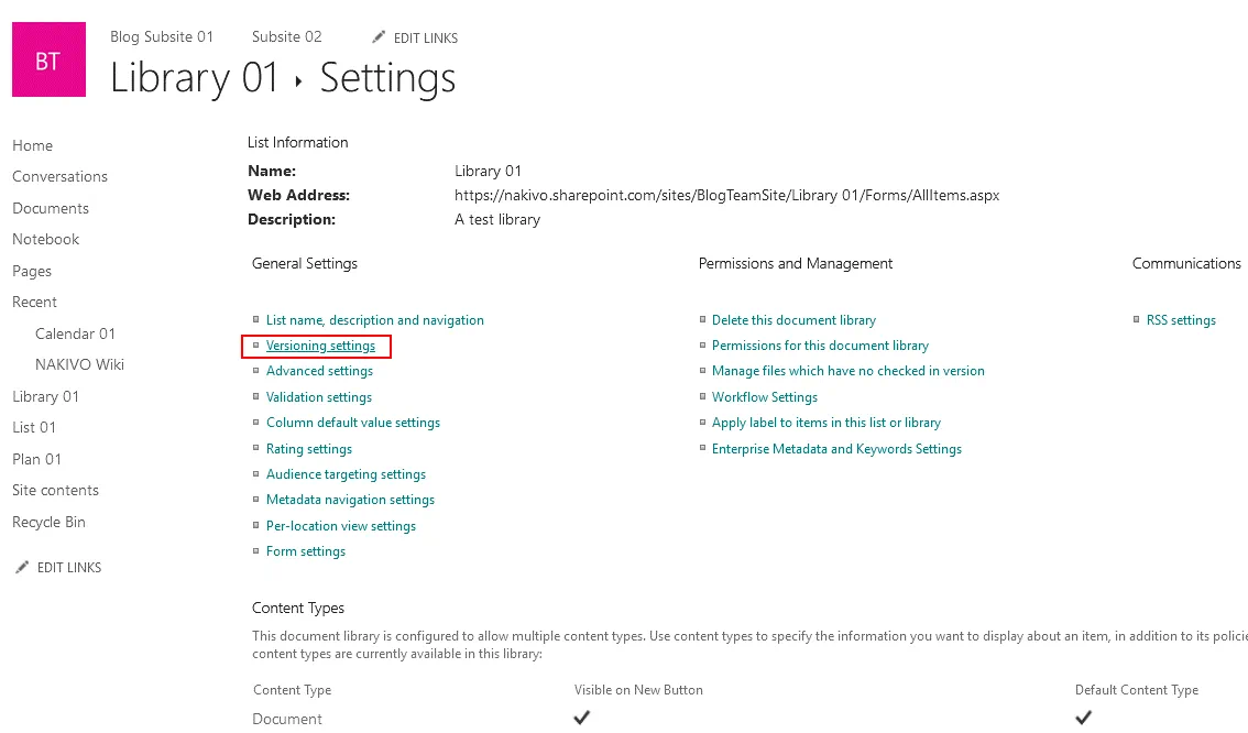 Configuring versioning settings for SharePoint document management