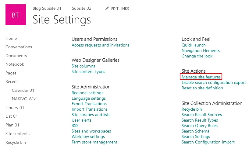 Managing site features in the SharePoint data management system