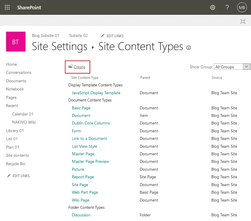 SharePoint document management – site content types