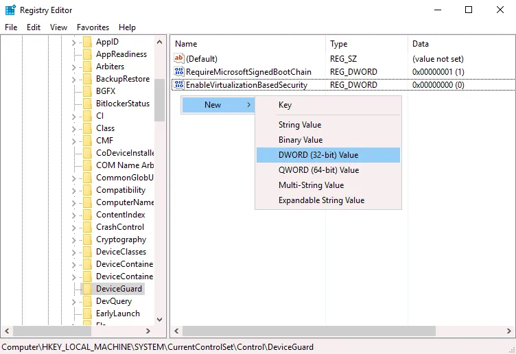 Editing registry to disable Virtualization Based Security in Windows