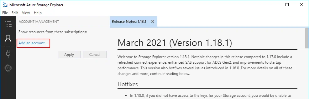 Adding an account in Microsoft Azure Storage Explorer