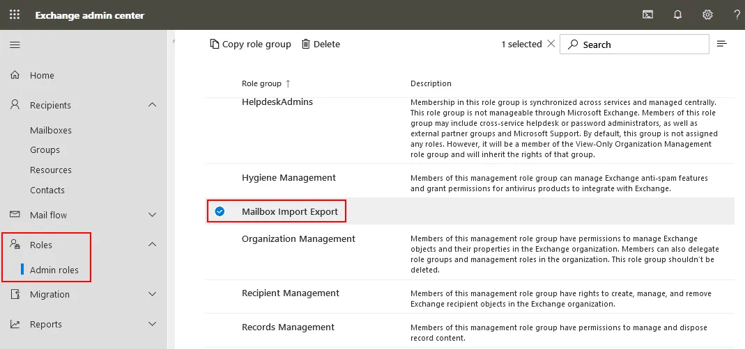 Configuring roles in the Exchange admin center before importing PST into Office 365
