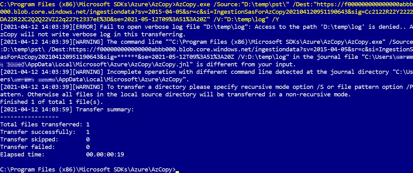 Copying PST files to Azure storage in the command-line AzCopy tool