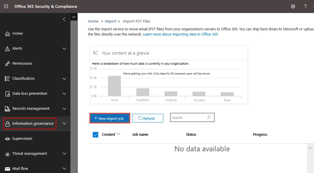 Creating a new import job to migrate PST to Office 365