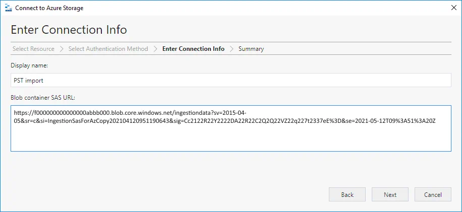 Entering the blob container SAS URL