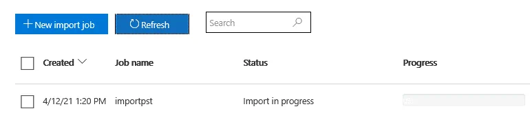Import PST file to Office 365 – import in progress