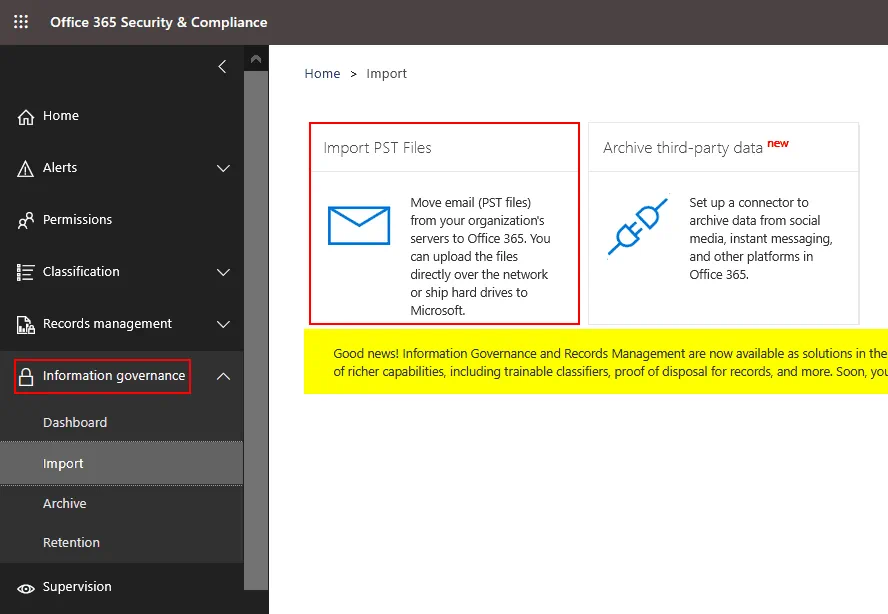 Importing PST files to Office 365 in the Office 365 Security and Compliance center