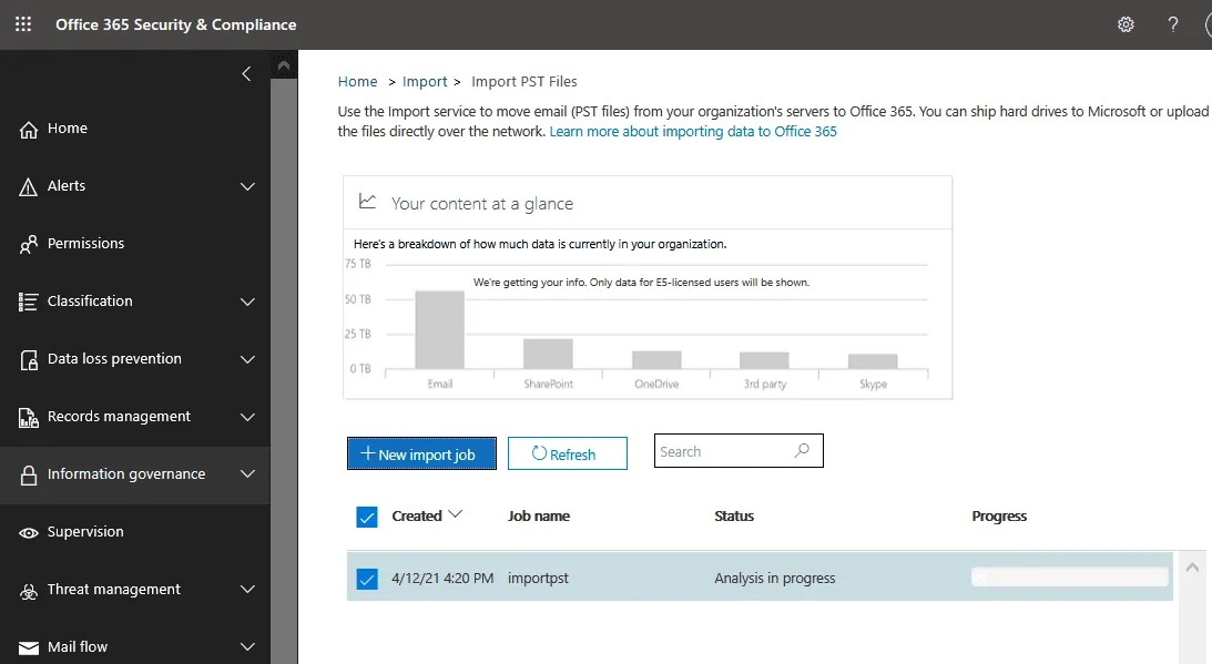 Importing PST files to Office 365 – analysis is in progress