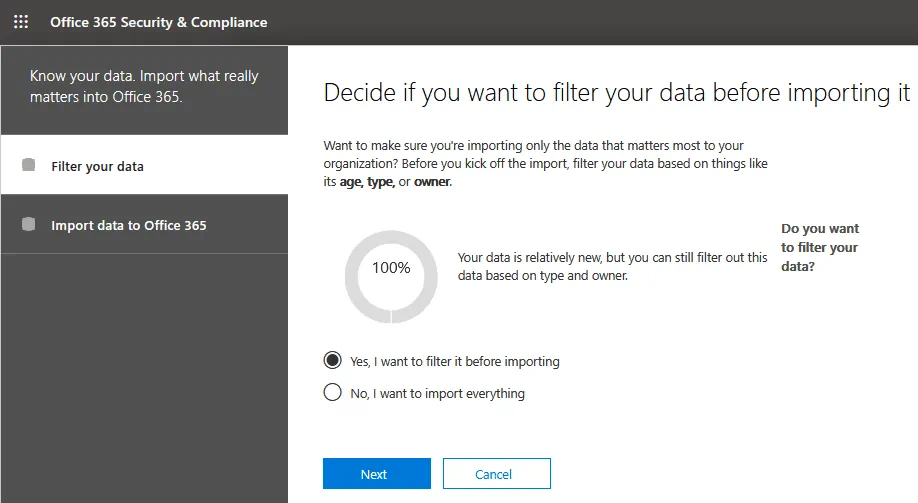 Office 365 import PST – filtering options