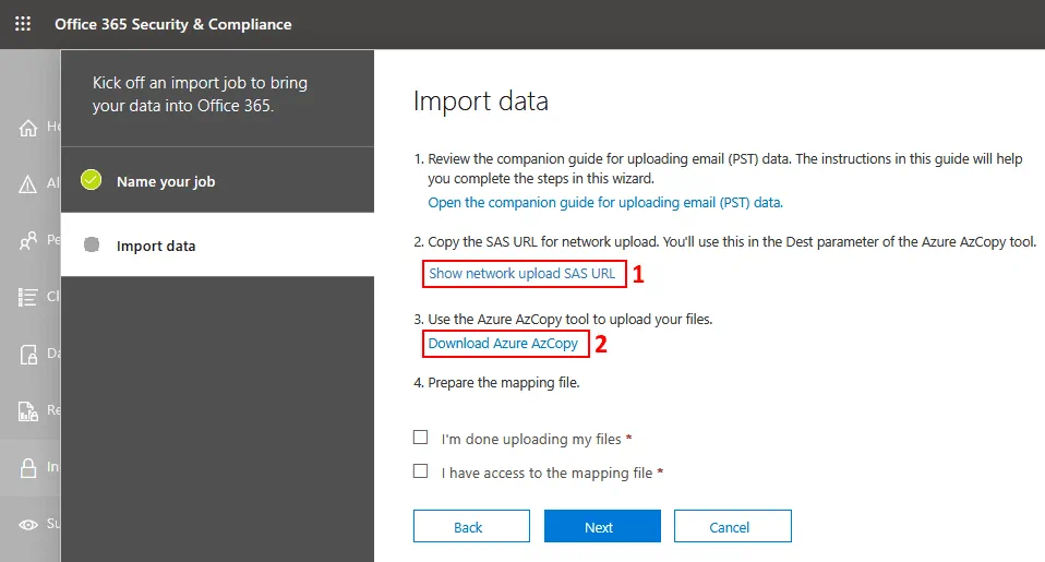 Save the network upload SASL URL and download Azure AzCopy