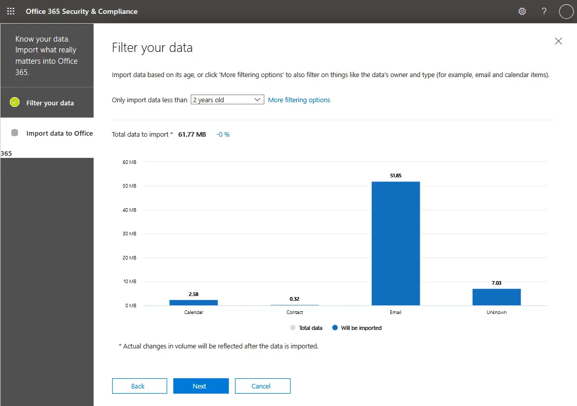 Selecting filtering options to migrate PST to Office 365 mailboxes