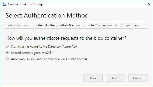 Selecting shared access signature as the authentication method
