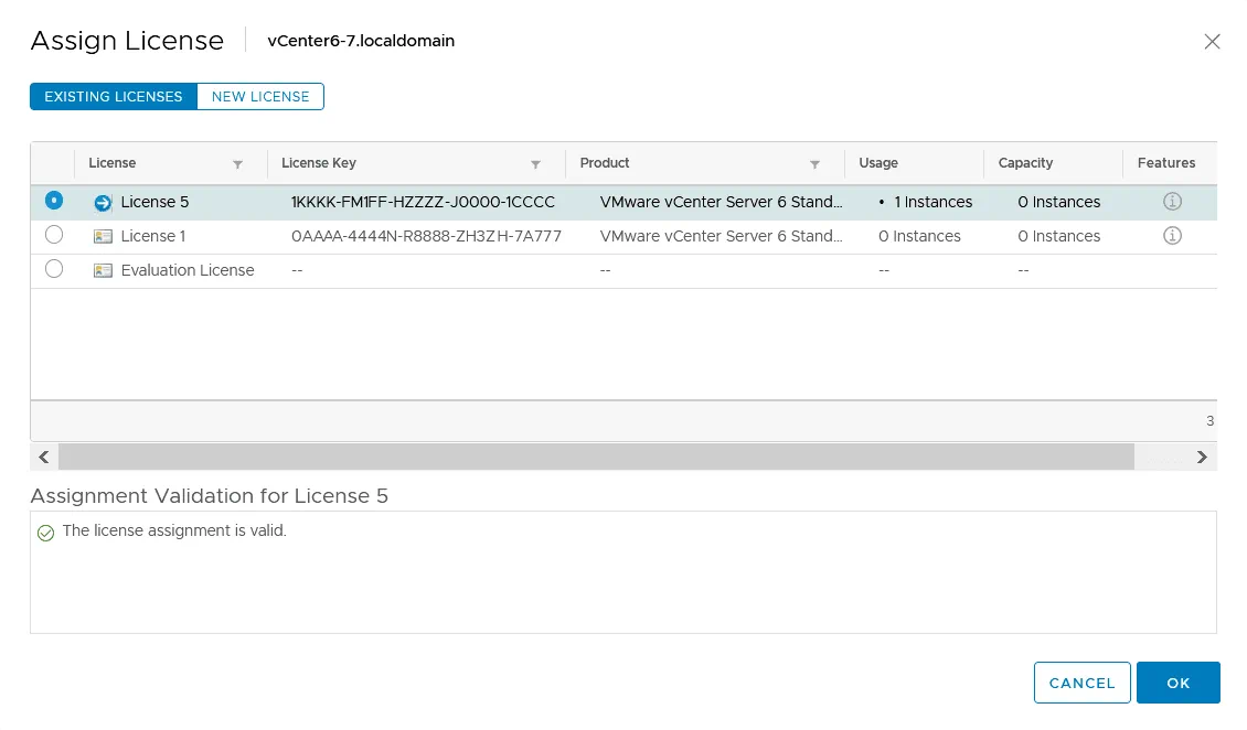 The VMware server license is applied in vCenter for one instance