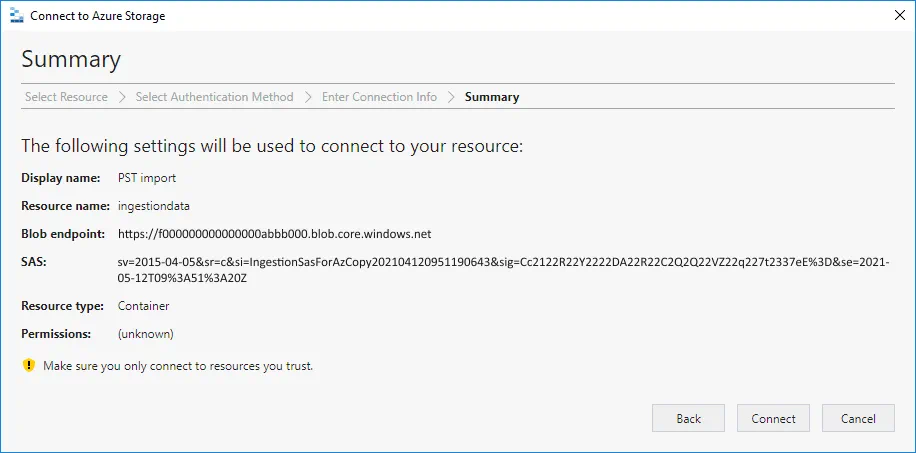 Viewing summary for connecting to Azure storage