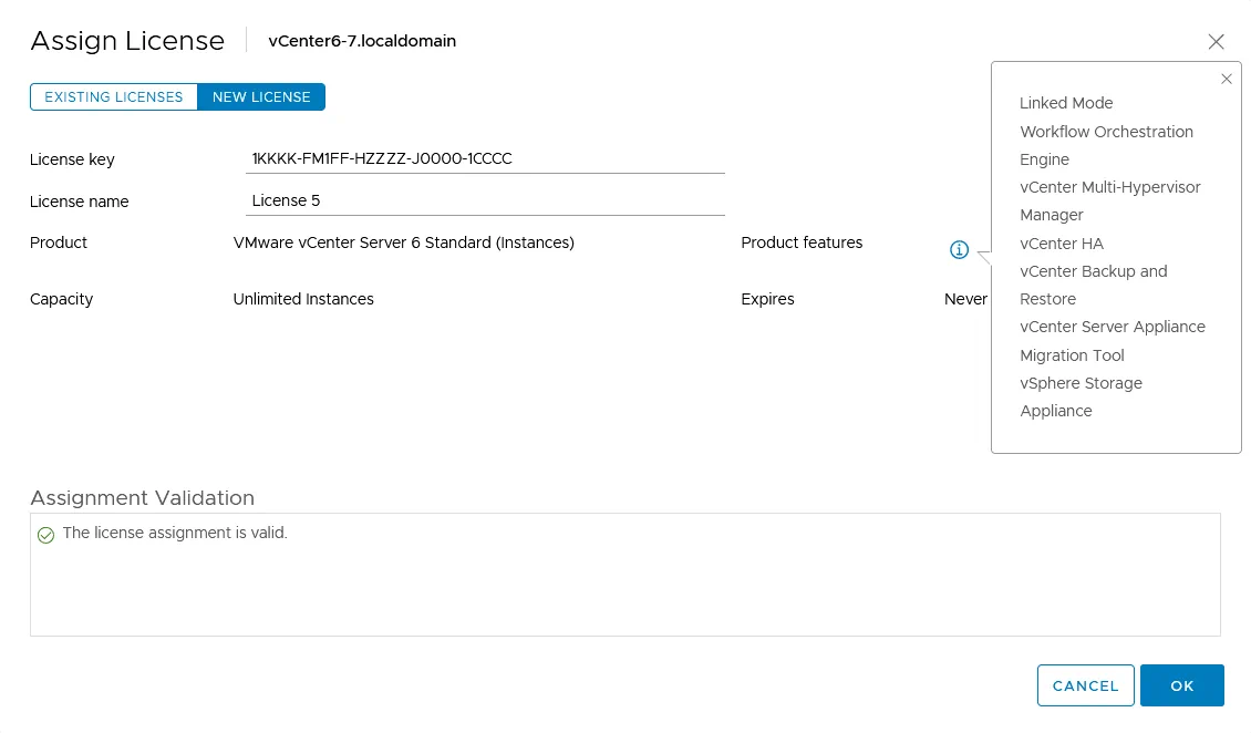 vCenter Server Licensing – assigning a VMware vCenter Server Standard license