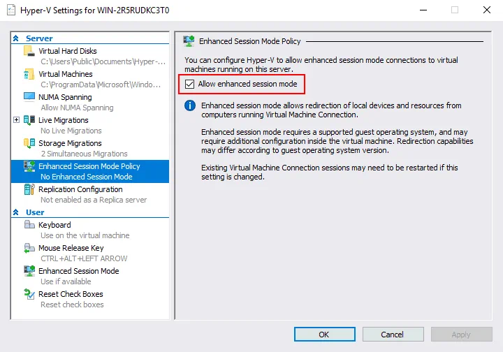 Allowing the enhanced session mode in Hyper-V settings